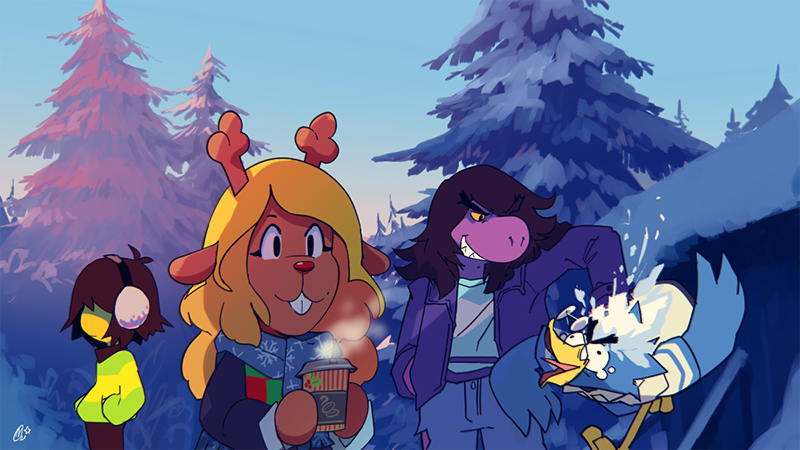 1boy 1other 2girls antlers beak berdly_(deltarune) blonde_hair brown_hair buck_teeth coffee_cup commentary cup deltarune disposable_cup earmuffs english_commentary furry holding holding_cup kris_(deltarune) matt_cummings multiple_girls noelle_holiday outdoors scarf snow striped striped_sweater susie_(deltarune) sweater teeth tree