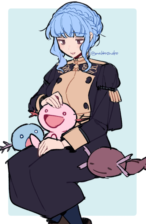 1girl alternate_color artist_name blue_hair braid crossover crown_braid do_m_kaeru fire_emblem fire_emblem:_three_houses garreg_mach_monastery_uniform leggings marianne_von_edmund paldean_wooper petting pokemon shiny_pokemon sitting smug wooper