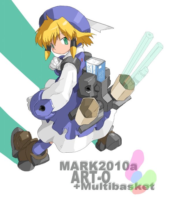 1girl 2010 blonde_hair blue_hat blue_socks brown_footwear character_name clenched_hand closed_mouth dress eraser full_body gloves green_eyes hair_tubes long_sleeves looking_back pixiv pixiv-tan short_hair socks solo soutasan white_dress white_gloves