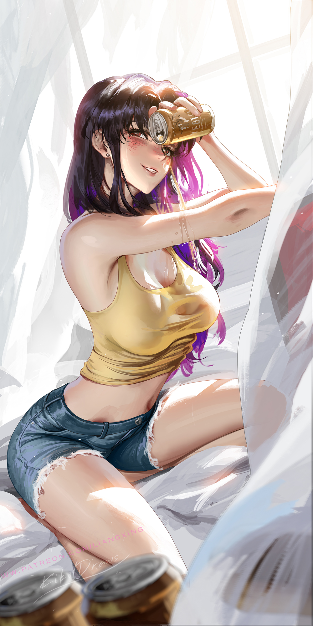 1girl beer_can breasts brown_eyes can cutoffs drink_can earrings highres holding holding_can jewelry katsuragi_misato kneeling large_breasts liang_xing long_hair looking_at_viewer midriff neon_genesis_evangelion pouring pouring_onto_self purple_hair signature solo stud_earrings tank_top web_address
