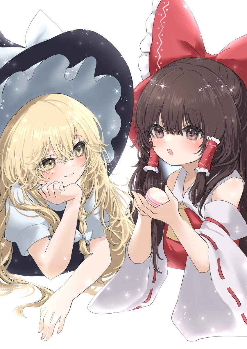 2girls :o ascot bare_shoulders black_hat black_vest blonde_hair blunt_bangs blush bow braid brown_eyes brown_hair closed_mouth commentary cropped_torso crossed_bangs detached_sleeves eyelashes food frilled_bow frilled_hair_tubes frills hair_between_eyes hair_bow hair_over_shoulder hair_tubes hakurei_reimu hand_on_own_chin hands_up hat head_rest highres holding holding_food huge_bow kirisame_marisa light_particles long_hair long_sleeves macaron mikan_(manmarumikan) multiple_girls nontraditional_miko open_mouth puffy_short_sleeves puffy_sleeves red_bow red_shirt ribbon-trimmed_sleeves ribbon_trim shirt short_sleeves side-by-side sidelocks simple_background single_braid smile sparkle sparkling_eyes touhou tsurime upper_body vest white_background white_bow white_shirt wide_sleeves witch_hat yellow_ascot yellow_eyes