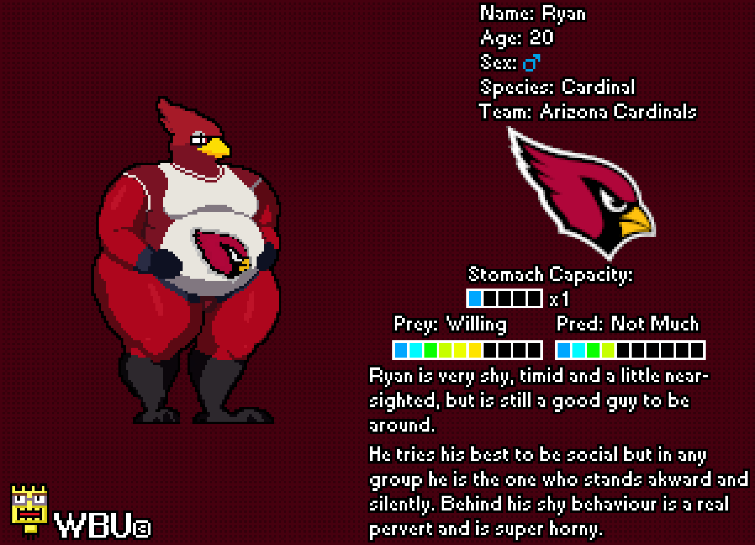 anthro arizona_cardinals avian beak belly bird bloated cardinal_(bird) clothed clothing digital_media_(artwork) eyewear feet glasses logo male model moobs nfl oscine passerine pixel_(artwork) ryan_(wbu) shirt simple_background solo t-shirt talons thick_thighs toes topwear wbu