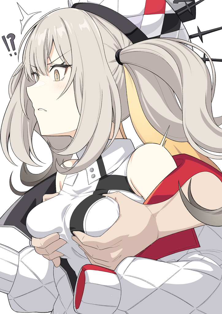 !? 1girl bare_shoulders breasts disembodied_limb dress fate/grand_order fate_(series) grabbing grabbing_another's_breast grey_hair jacket long_hair long_sleeves marie_antoinette_(alter)_(fate) marie_antoinette_(alter)_(first_ascension)_(fate) marie_antoinette_(fate) medium_breasts off_shoulder open_clothes open_jacket shiseki_hirame sidelocks solo_focus two_side_up white_dress white_hair white_hat white_jacket yellow_eyes