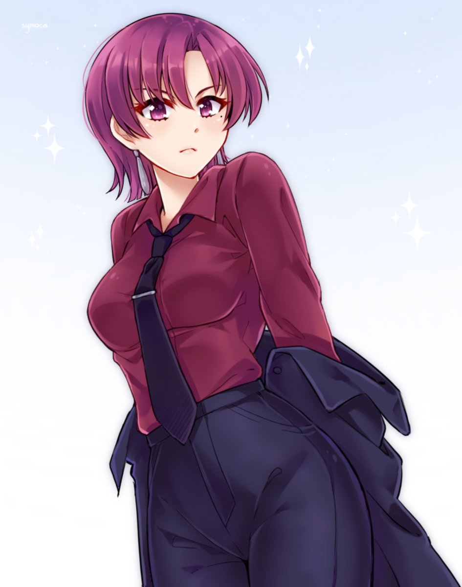 1girl bazett_fraga_mcremitz black_gloves black_jacket black_necktie black_pants black_suit breasts coat collared_shirt dress_shirt earrings fate/grand_order fate_(series) gloves highres jacket jewelry large_breasts long_sleeves looking_at_viewer manannan_mac_lir_(fate) manannan_mac_lir_(first_ascension)_(fate) mole mole_under_eye necktie off_shoulder open_clothes open_coat pants parted_bangs red_eyes red_hair red_shirt shirt short_hair solo suit symoca thighs