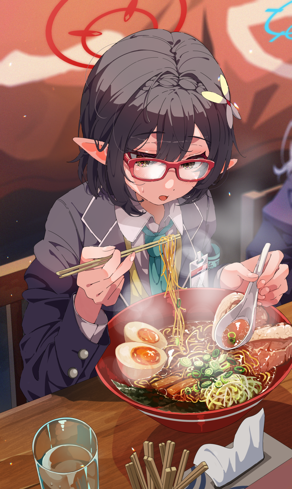 1girl aqua_necktie ayane_(blue_archive) black_hair black_jacket blue_archive bowl brown_eyes chair chopsticks cup eating egg food hair_between_eyes halo highres holding holding_chopsticks holding_spoon jacket long_sleeves meal mechanical_halo necktie noodles open_mouth pointy_ears ramen red-framed_eyewear sakatsuki_yakumo school_uniform shirt sitting solo spoon tissue_box white_shirt