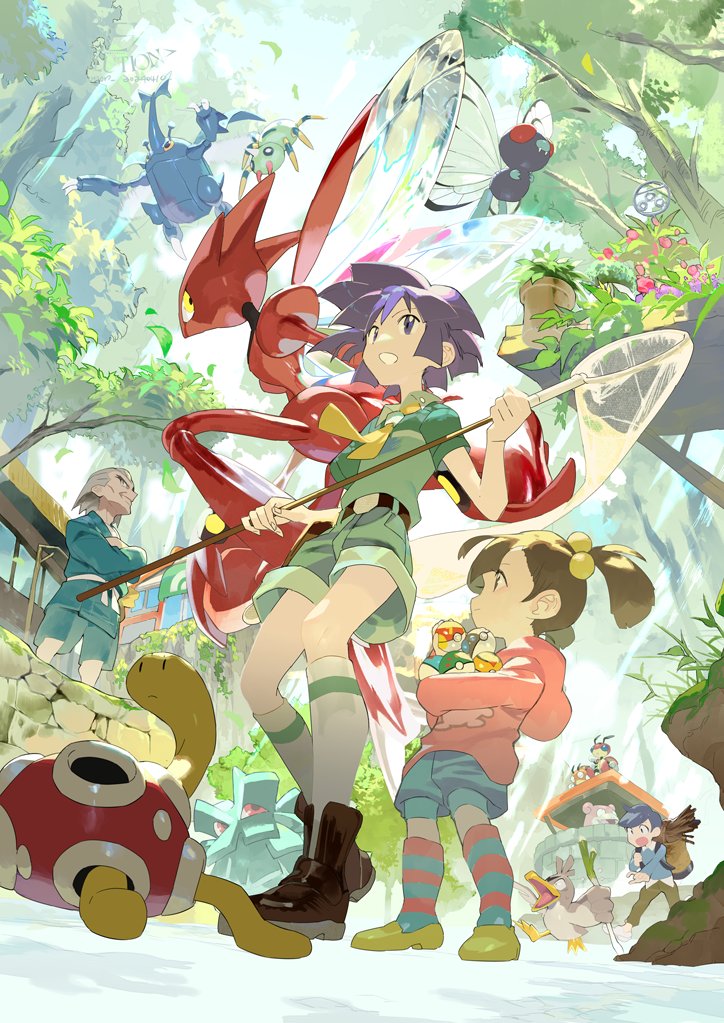 1girl 3boys artist_logo blue_hair blue_shorts blue_socks blurry blurry_background boots brown_footwear brown_hair bug bugsy_(pokemon) butterfly butterfly_net butterfree colored_skin crossed_arms e_volution farfetch'd forest green_shorts green_skirt grey_hair hand_net heracross hercules_beetle holding holding_butterfly_net holding_poke_ball hood hoodie horizontal-striped_clothes insect_wings kurt_(pokemon) ledian ledyba male_focus multiple_boys nature necktie outdoors pineco pink_hoodie pink_socks plant poke_ball pokemon pokemon_hgss potted_plant red_skin scizor shorts shuckle skirt slowpoke socks spider spinarak striped_clothes striped_socks tree twintails wings yellow_eyes yellow_necktie