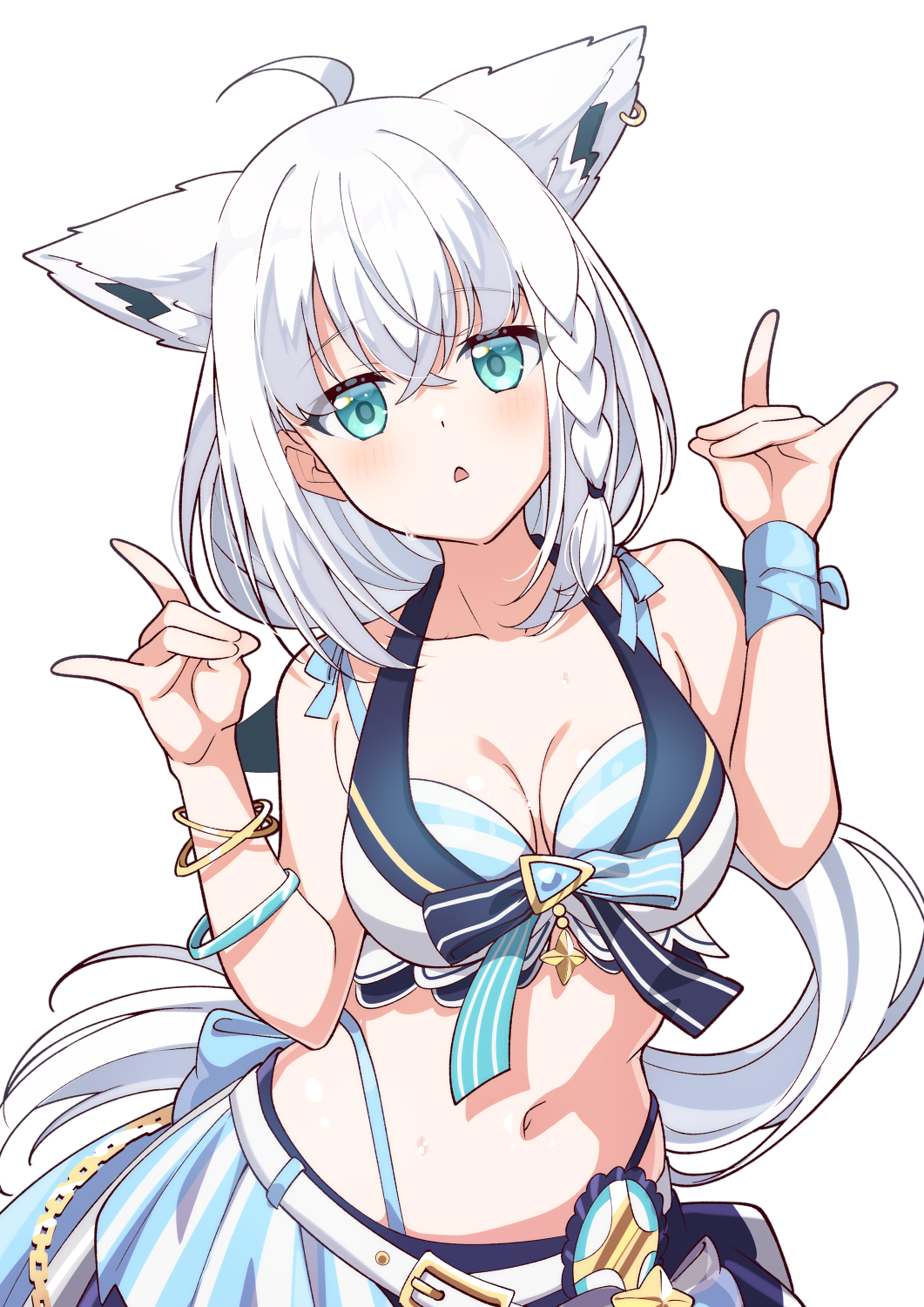 1girl ahoge animal_ear_fluff animal_ears belt bikini bikini_skirt bikini_under_clothes blue_bikini blush braid breasts double_fox_shadow_puppet earrings fox_ears fox_girl fox_shadow_puppet front-tie_bikini_top front-tie_top green_eyes hair_between_eyes highres hololive hololive_summer_2023_swimsuit jewelry layered_bikini long_hair looking_at_viewer open_mouth shirakami_fubuki side_braid simple_background single_braid smile solo striped_bikini striped_clothes swimsuit torinokawori two-tone_bikini upper_body virtual_youtuber white_belt white_hair