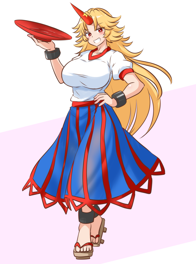 1girl blonde_hair blue_skirt commentary_request commission contrapposto cuffs cup full_body geta hair_flaps holding holding_cup horns hoshiguma_yuugi long_hair looking_at_viewer mizusoba red_eyes red_horns sakazuki shackles shirt single_horn skeb_commission skirt solo star_(symbol) touhou white_shirt