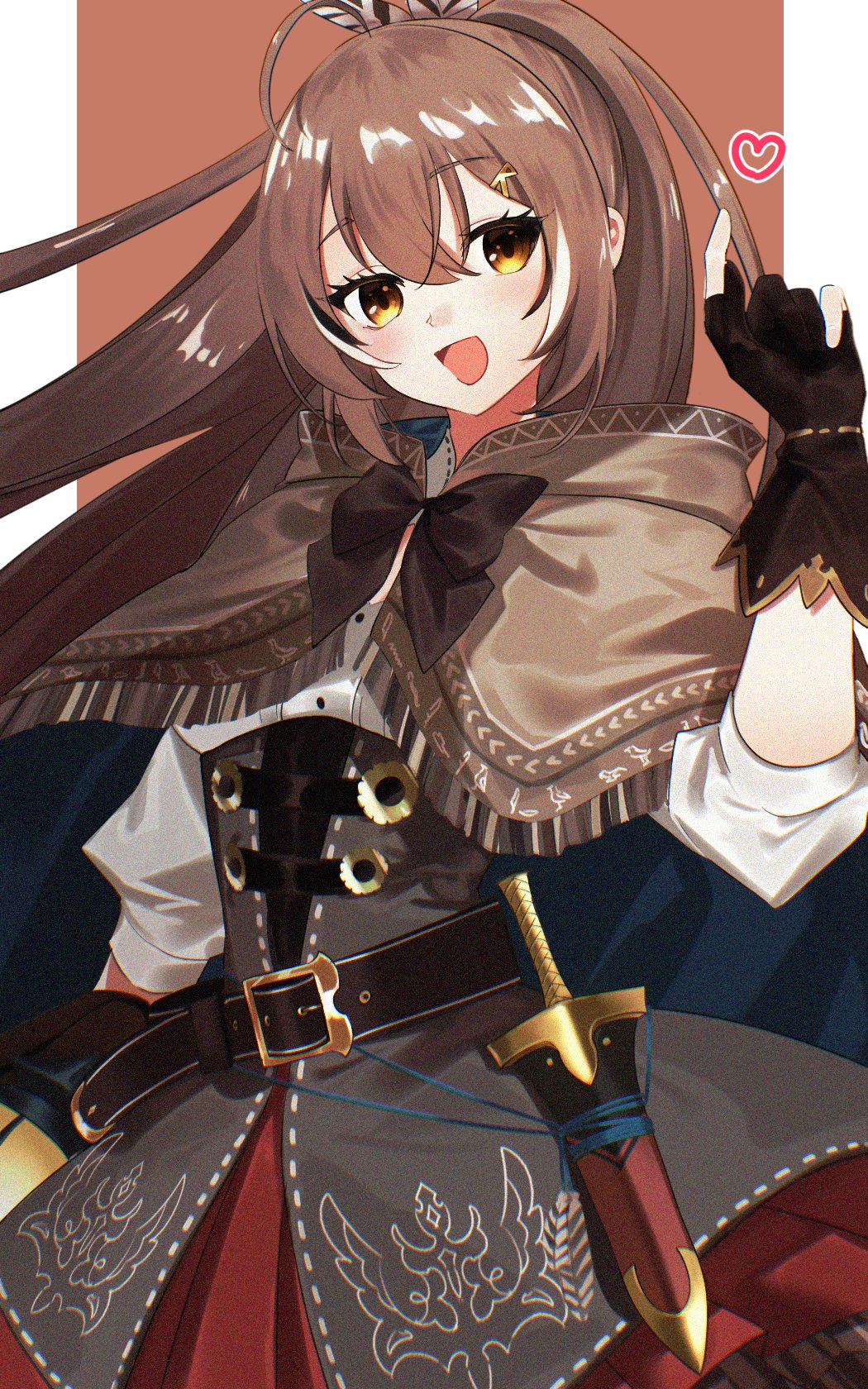 1girl :d ahoge belt brown_background brown_capelet brown_cloak brown_corset brown_eyes brown_hair cape capelet cloak corset dagger drawn_heart feather_hair_ornament feathers gloves hair_ornament hieroglyphics highres hololive hololive_english kiko_(kikobooom) knife lantern long_hair looking_to_the_side multicolored_hair nanashi_mumei nanashi_mumei_(1st_costume) partially_fingerless_gloves pleated_skirt ponytail red_skirt ribbon shirt simple_background skirt smile streaked_hair upper_body very_long_hair virtual_youtuber weapon white_shirt
