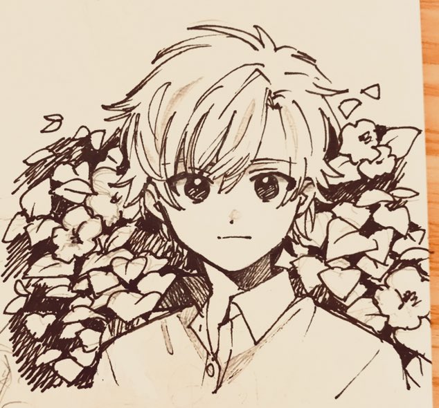 1boy buttons character_request closed_mouth collared_shirt copyright_request cropped_torso floral_background greyscale hair_between_eyes leaf light_frown looking_at_viewer male_focus monochrome no+bi= parted_bangs petals photo_(medium) shirt short_hair solo traditional_media