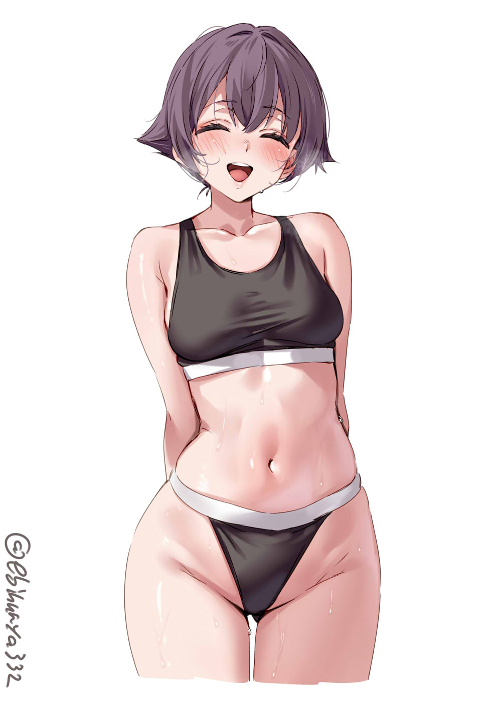 1girl bare_shoulders black_panties black_sports_bra blush breasts closed_eyes collarbone commentary cowboy_shot crop_top ebifurya highres kantai_collection medium_breasts navel panties sakawa_(kancolle) simple_background solo sports_bra sweat tagme underwear underwear_only white_background