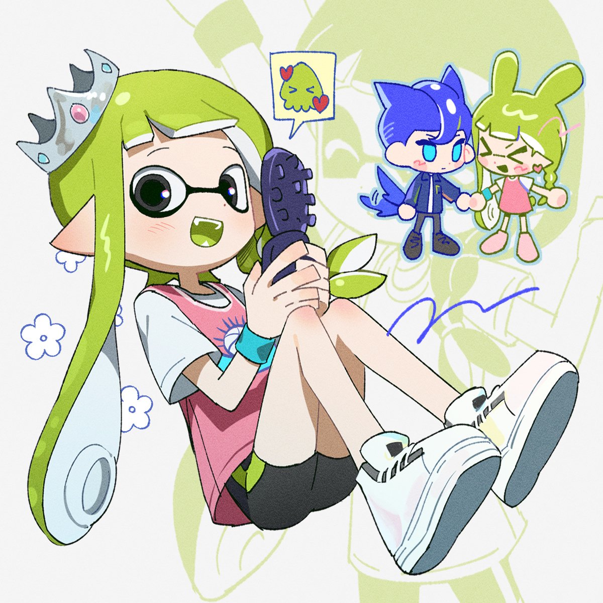 &gt;_&lt; 1boy 1girl :d basketball_jersey bike_shorts black_eyes black_footwear blue_eyes blue_hair blue_jacket cellphone chibi chibi_inset commentary_request crown green_hair grey_pants hetero hg_swdiary highres holding holding_hands holding_phone inkling inkling_girl inkling_player_character jacket kemonomimi_mode korean_commentary long_hair octoling octoling_boy octoling_player_character open_mouth pants phone pink_shirt pointy_ears print_shirt shirt shoes sitting smile splatoon_(series) teeth tentacle_hair white_background white_footwear xd