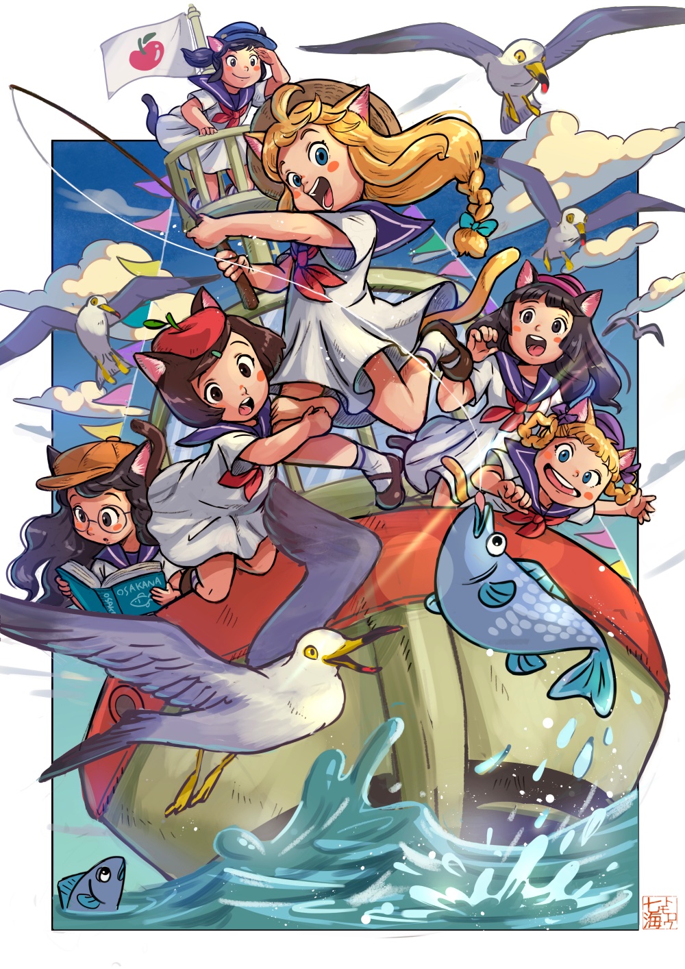 6+girls animal_ears beret bird black_eyes black_hair blonde_hair blue_eyes blue_sky blush_stickers boat book border braided_hair_rings bunting cabbie_hat cat_ears cat_girl cat_tail child cloud crow's_nest dress fish fishing fishing_line fishing_rod glasses hair_ornament hairclip hat highres jumping long_hair low-braided_long_hair low-tied_long_hair mary_janes multiple_girls nanami_tomorou neckerchief open_mouth original outside_border reading red_neckerchief round_eyewear round_teeth sailor_collar seagull shoes sky socks tail teeth water watercraft white_border white_dress