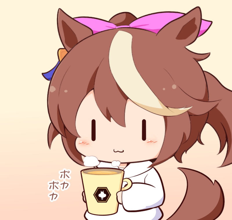 1girl :3 animal_ears blush_stickers brown_background brown_hair chibi closed_mouth cup gomashio_(goma_feet) gradient_background hair_between_eyes hair_ribbon holding holding_cup honey hood hood_down hoodie horse_ears horse_girl horse_tail long_hair mug multicolored_hair pink_ribbon ponytail ribbon solo streaked_hair tail tokai_teio_(umamusume) umamusume upper_body white_hair white_hoodie |_|