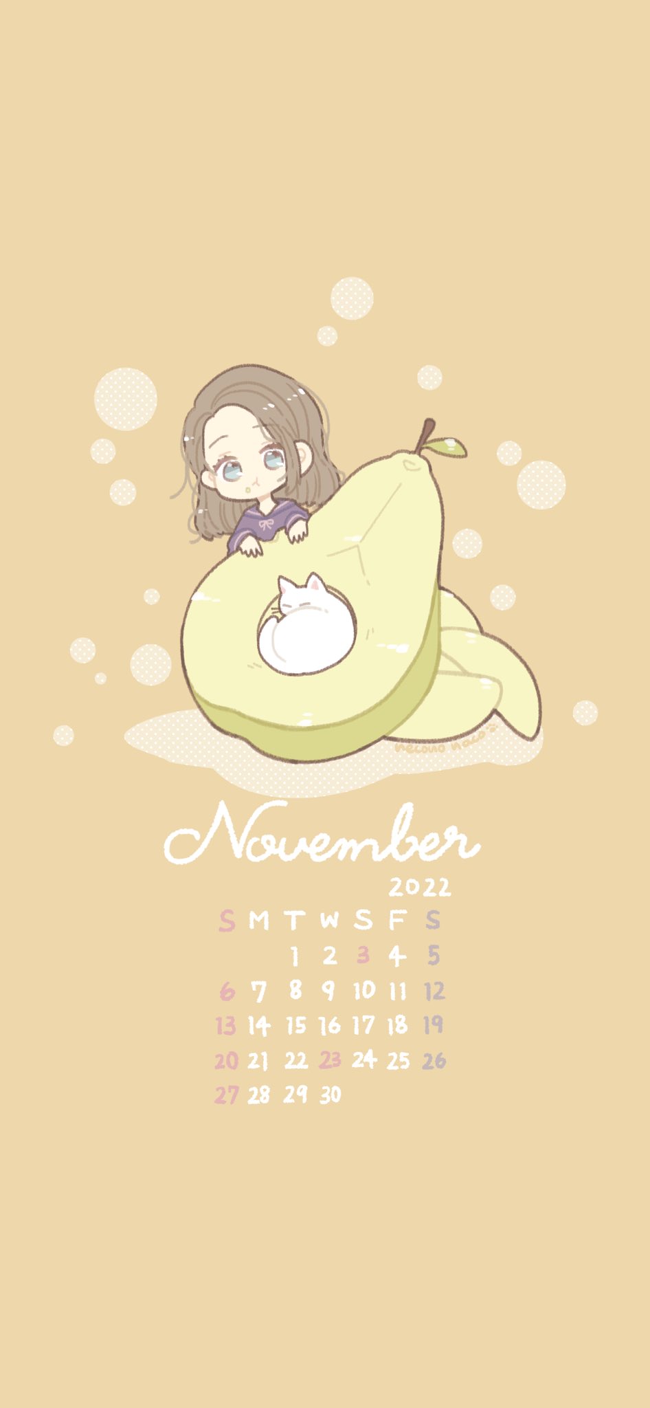 1girl 2022 artist_name blue_eyes brown_hair calendar_(medium) cat commentary_request curled_up eating food food_bite food_focus food_on_face fruit highres leaf long_hair looking_at_viewer necono_naco november orange_background original pear pear_slice school_uniform serafuku simple_background solo