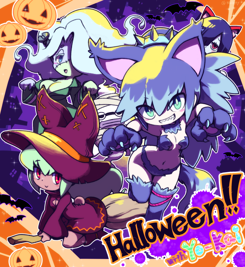 4girls :&gt; ameonna_(youkai_watch) animal_ears bat_(animal) blue_eyes blue_hair blush breasts broom broom_riding bunny_mint cat_ears cleavage cosplay en'enra english_text enraenra_(youkai_watch) fake_animal_ears floating frankenstein's_monster frankenstein's_monster_(cosplay) fubukihime ghost green_eyes green_hair hair_over_one_eye halloween halloween_costume hat high_ponytail jack-o'-lantern jibanyan jibanyan_(cosplay) large_breasts long_hair looking_at_viewer multicolored_hair multiple_girls mummy_costume navel nollety notched_ear object_through_head purple_lips red_eyes screw_in_head sharp_teeth stitches tail teeth thighhighs traditional_youkai twitter_username two-tone_hair werewolf_costume whisper_(youkai_watch) witch witch_hat wolf_ears wolf_tail youkai_(youkai_watch) youkai_watch