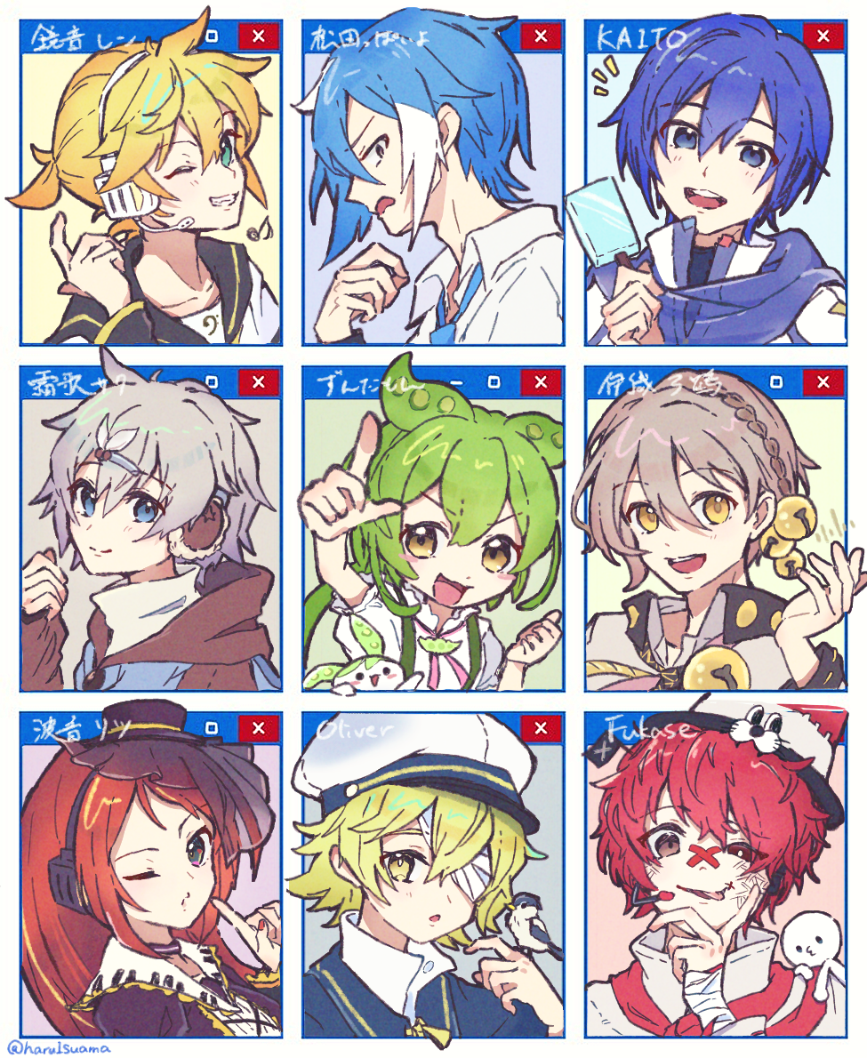 1girl 6+boys animal_hat aqua_background aqua_eyes arm_up bandage_over_one_eye bandaid bandaid_on_face bandaid_on_nose bell bird bird_on_hand black_eyes black_headphones black_hood black_hoodie black_sailor_collar black_sleeves black_veil blonde_hair blue_background blue_eyes blue_hair blue_hoodie blue_necktie blue_sailor_collar blue_scarf blue_shirt braid bright_pupils brown_hair character_name character_request child choker clenched_hand closed_mouth collarbone collared_shirt creature_and_personification crossed_bandaids earmuffs food french_braid from_side fukase green_background green_hair grey_background grey_hair grey_shirt grin hair_behind_ear hair_bell hair_between_eyes hair_ornament hand_up haru1suama hat headset holding holding_food holding_popsicle hood hood_down hoodie index_finger_raised iori_yuzuru james_(vocaloid) kagamine_len kaito_(vocaloid) light_brown_hair long_hair long_sleeves looking_at_viewer matsudappoiyo messy_hair mini_hat mini_top_hat mismatched_pupils mixed-language_text multicolored_hair multiple_boys musical_note nail_polish namine_ritsu neck_ribbon necktie oliver_(vocaloid) one_eye_closed open_mouth otoko_no_ko pink_ribbon point_(vocaloid) pointing pointing_at_self ponytail popsicle purple_background purple_choker purple_hat red_background red_eyes red_hair red_nails ribbon sailor_collar sailor_hat scarf shirt short_hair short_ponytail short_sleeves single_braid smile spiked_hair suspenders teeth tongue tongue_out top_hat turtleneck two-tone_hair two-tone_hoodie uneven_eyes upper_body upper_teeth_only utau v-shaped_eyebrows veil vocaloid voiceroid voicevox white_hair white_headphones white_pupils white_shirt window_(computing) yellow_background yellow_eyes yellow_trim zundamon