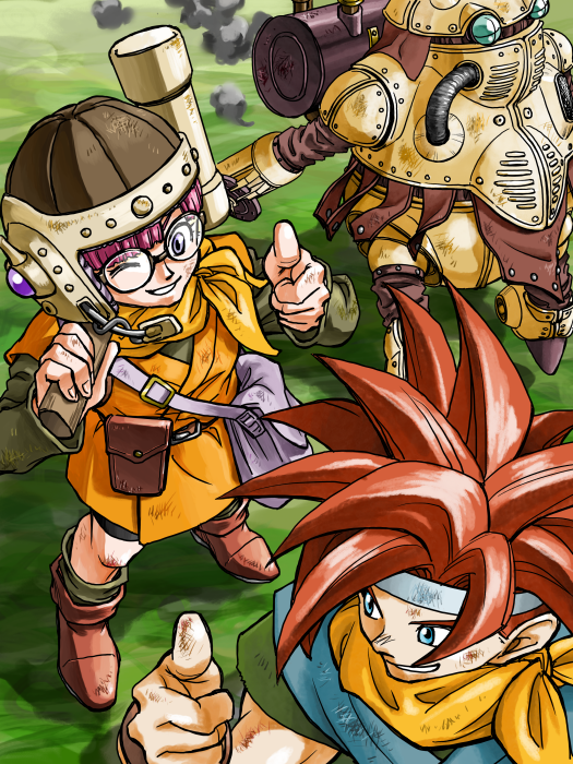 1boy 1girl belt bike_shorts blue_eyes blue_tunic chrono_trigger crono_(chrono_trigger) glasses hammer helmet lucca_ashtear purple_hair red_hair robo_(chrono_trigger) robot scarf short_hair smile weapon yachiko