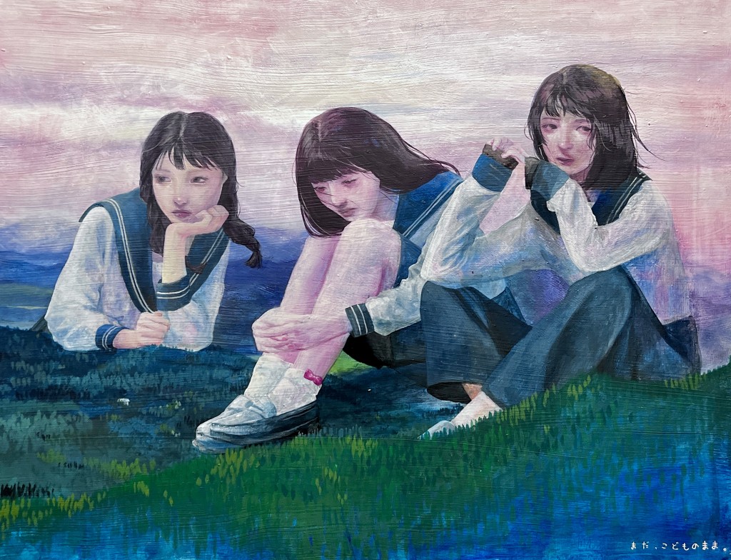 3girls black_hair blue_pants blue_sailor_collar blue_skirt blunt_bangs braid closed_mouth contest_winner crossed_ankles giant giantess head_rest hugging_own_legs indian_style kiduki_yo loafers long_hair long_sleeves looking_at_viewer looking_to_the_side low_twin_braids medium_hair multiple_girls original outdoors painting_(medium) pants realistic sailor_collar school_uniform serafuku shoes sitting skirt socks traditional_media twin_braids white_socks