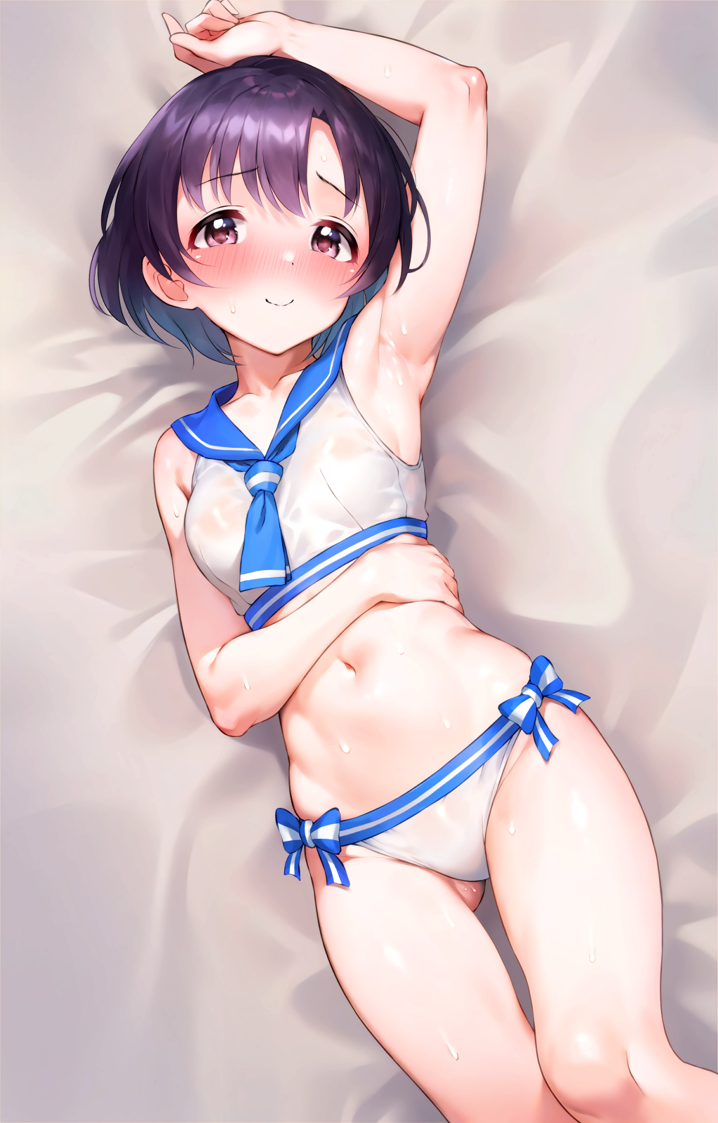 1girl arm_up armpits ass_visible_through_thighs bare_legs bed_sheet blush breasts collarbone commission feet_out_of_frame highres idolmaster idolmaster_cinderella_girls looking_at_viewer navel nose_blush pixiv_commission presenting_armpit purple_hair qianlou_(qianlou12374) sailor_bikini sailor_collar sailor_swimsuit_(idolmaster) shiragiku_hotaru short_hair small_breasts solo stomach sweat