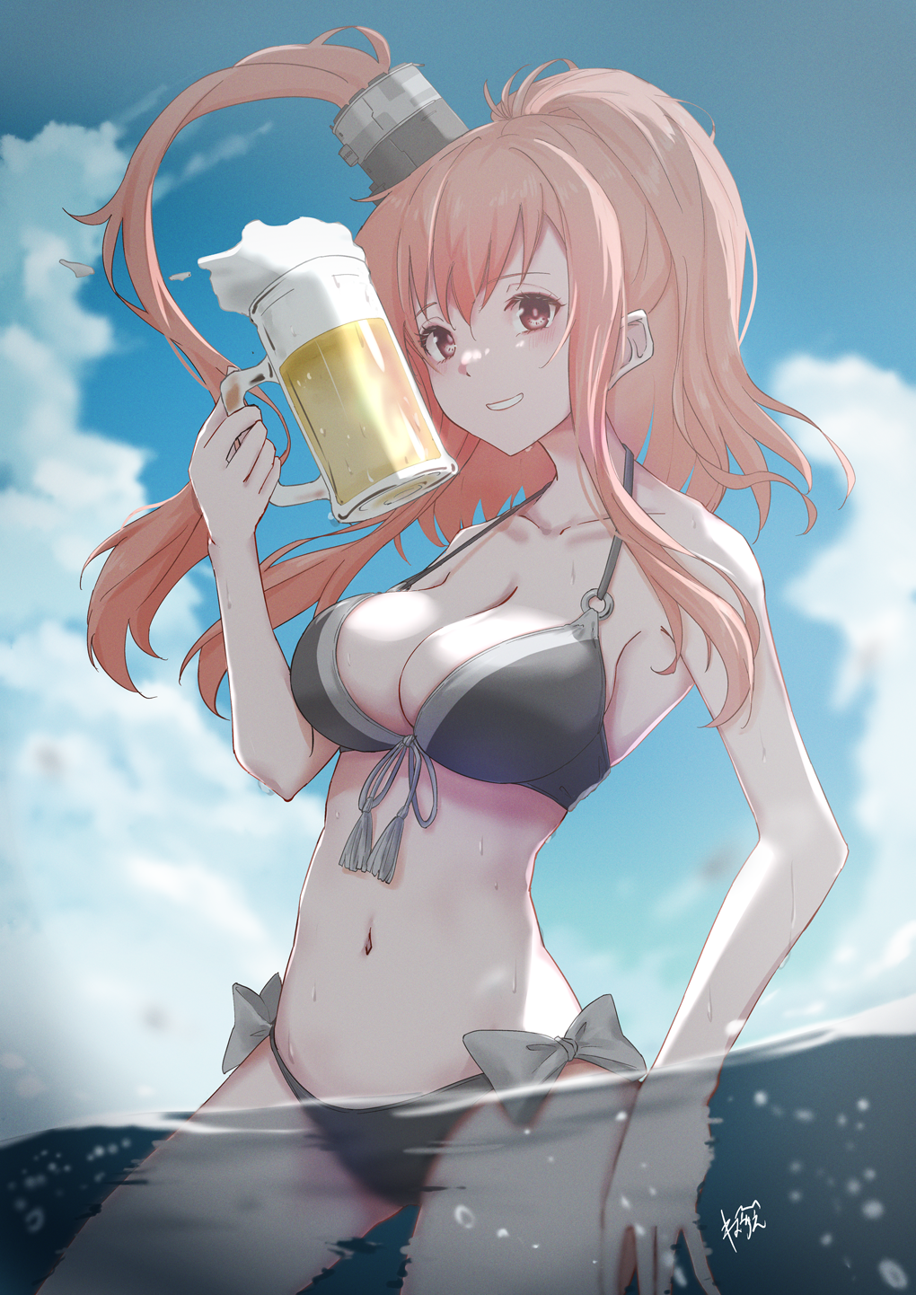 1girl alternate_costume beer_mug bikini black_bikini blue_sky breasts brown_eyes brown_hair cleavage cloud cloudy_sky commentary_request cowboy_shot cup front-tie_bikini_top front-tie_top highres holding holding_cup kantai_collection large_breasts long_hair mug navel neve_(morris-minicooper) ocean outdoors partially_submerged saratoga_(kancolle) side-tie_bikini_bottom signature sky smile smokestack_hair_ornament solo swimsuit water
