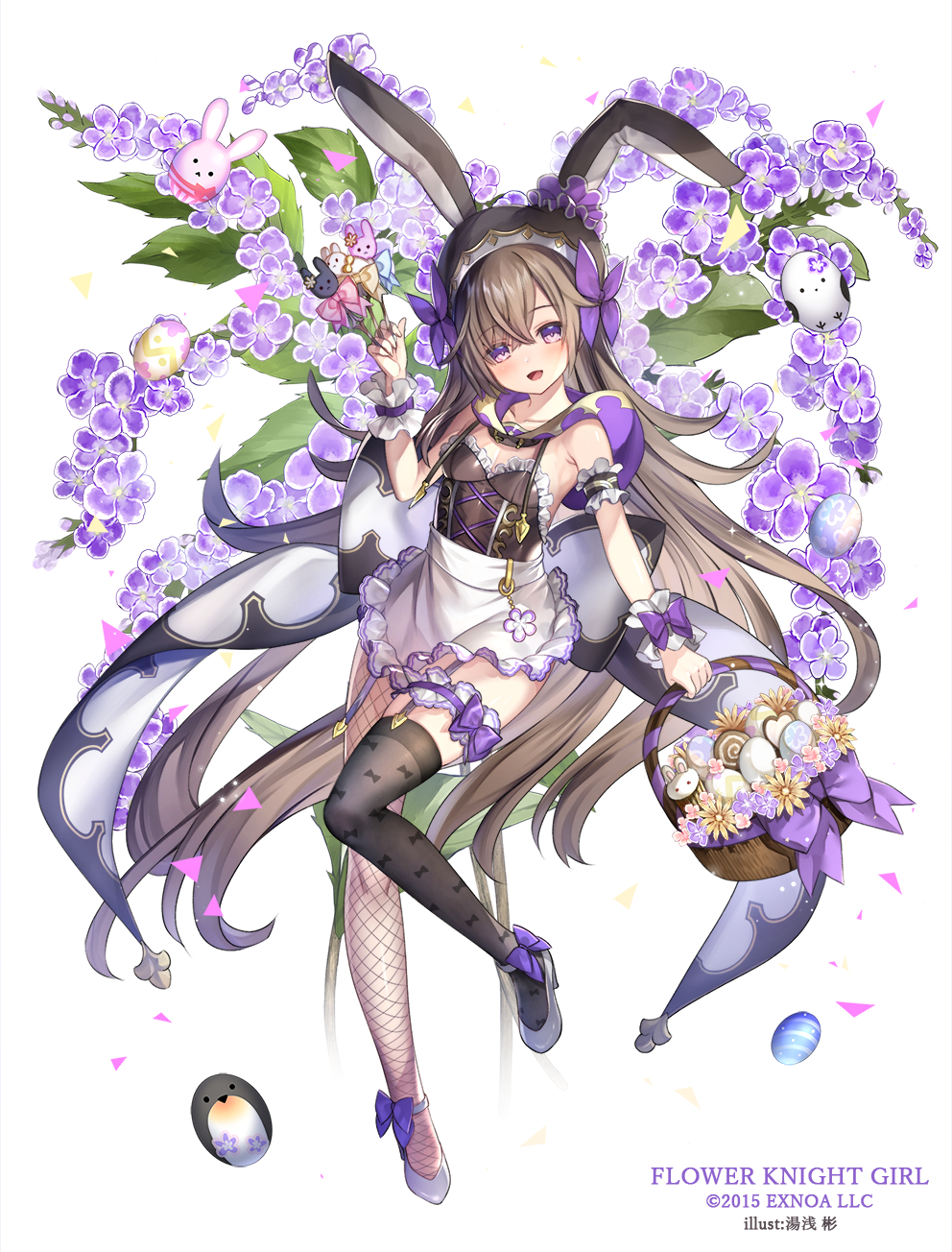 1girl :d animal_ears apron armlet artist_name asymmetrical_legwear back_bow basket between_fingers black_headwear black_legwear bow brown_hair candy copyright_name detached_hood duranta_(flower_knight_girl) easter easter_egg egg fishnet_legwear fishnets flower flower_knight_girl flower_ornament food frilled_apron frills hat hat_bow highres holding holding_basket lollipop long_hair looking_at_viewer mismatched_legwear object_namesake open_mouth playboy_bunny purple_bow purple_eyes rabbit_ears shoes single_leg_pantyhose single_thighhigh smile solo thighhighs thighlet white_apron white_footwear wrist_cuffs yuasa_akira