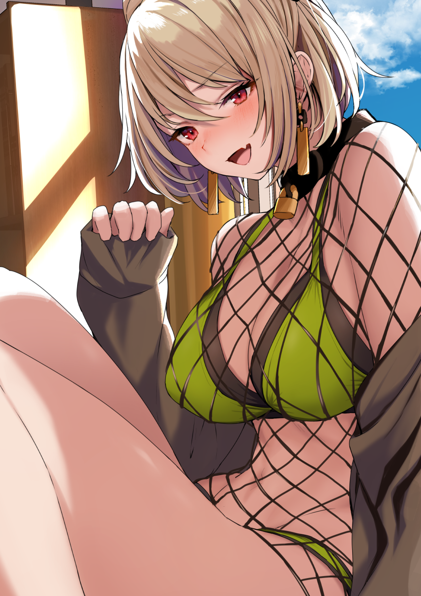 1girl :d bangs bare_shoulders bell bikini bikini_under_clothes blush breasts brown_hair cleavage collar commentary_request day earrings eyebrows_visible_through_hair fang fishnets girls'_frontline green_bikini highres jewelry knees_up large_breasts long_sleeves looking_at_viewer navel neck_bell open_mouth p90_(girls'_frontline) red_eyes short_hair sitting skin_fang sleeves_past_wrists smile solo swept_bangs swimsuit thighs tobimura v-shaped_eyebrows