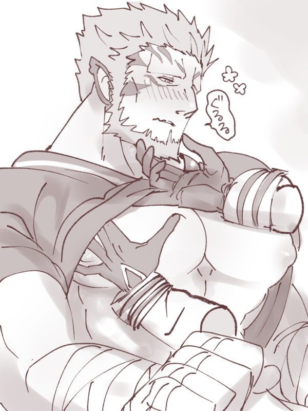 1boy animal_ears bara bare_pectorals beard blush cat_boy cat_ears chin_tickle clothes_lift disembodied_limb facial_hair fire_emblem grabbing greyscale groping hand_on_another's_chin hand_under_clothes inverted_nipples large_pectorals lifted_by_another male_focus manboobs mature_male monochrome mordecai_(fire_emblem) muscular muscular_male nonbiri_monban pectoral_focus pectoral_grab pectorals shirt_lift short_hair solo_focus translation_request upper_body