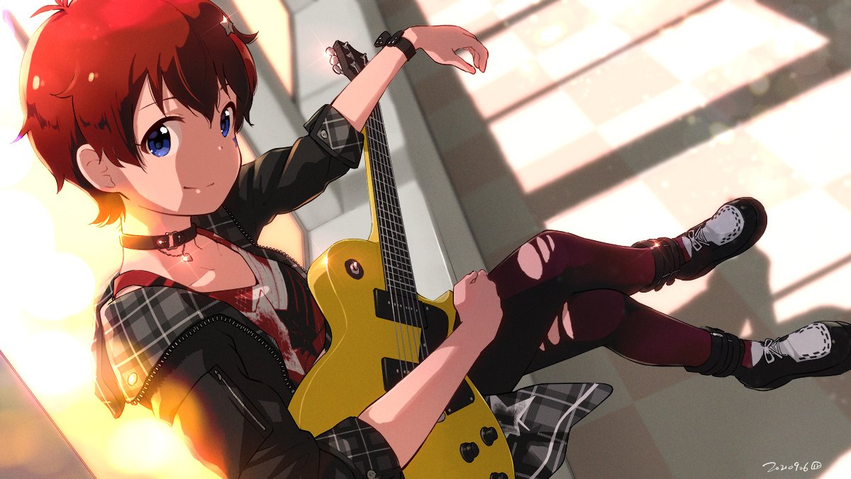 1girl bangs black_choker black_footwear black_jacket black_wristband blue_eyes boots choker commentary dated dutch_angle electric_guitar facepaint foreshortening guitar holding holding_instrument idolmaster idolmaster_million_live! instrument jacket julia_(idolmaster) leather leather_jacket looking_at_viewer nagian pantyhose red_hair red_tank_top short_hair sitting smile solo sunset tank_top tile_floor tiles torn_clothes torn_legwear very_short_hair window wristband