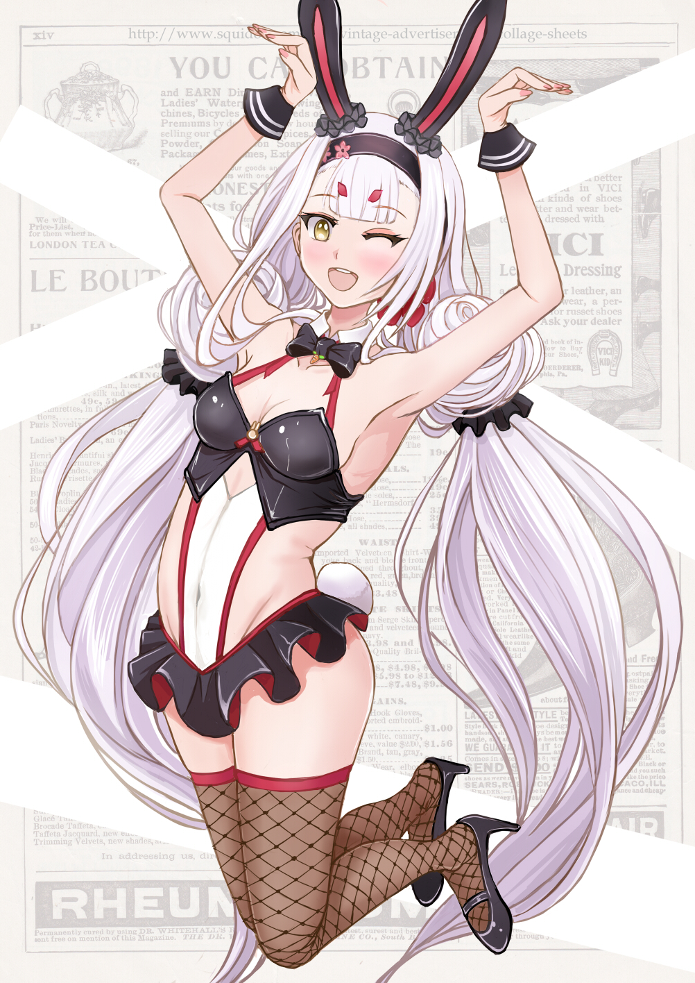 1girl absurdly_long_hair animal_ears arms_up azur_lane black_footwear black_hairband breasts bunny_pose carrot_necklace cleavage covered_navel extra_eyebrows fake_tail fishnet_legwear fishnets hairband high_heels highres knees_apart_feet_together long_hair looking_at_viewer microskirt official_alternate_costume one_eye_closed open_mouth rabbit_ears rabbit_tail sai-go shimakaze_(azur_lane) shimakaze_(fastest_bunny's_invitation)_(azur_lane) skirt small_breasts solo tail thighhighs very_long_hair yellow_eyes