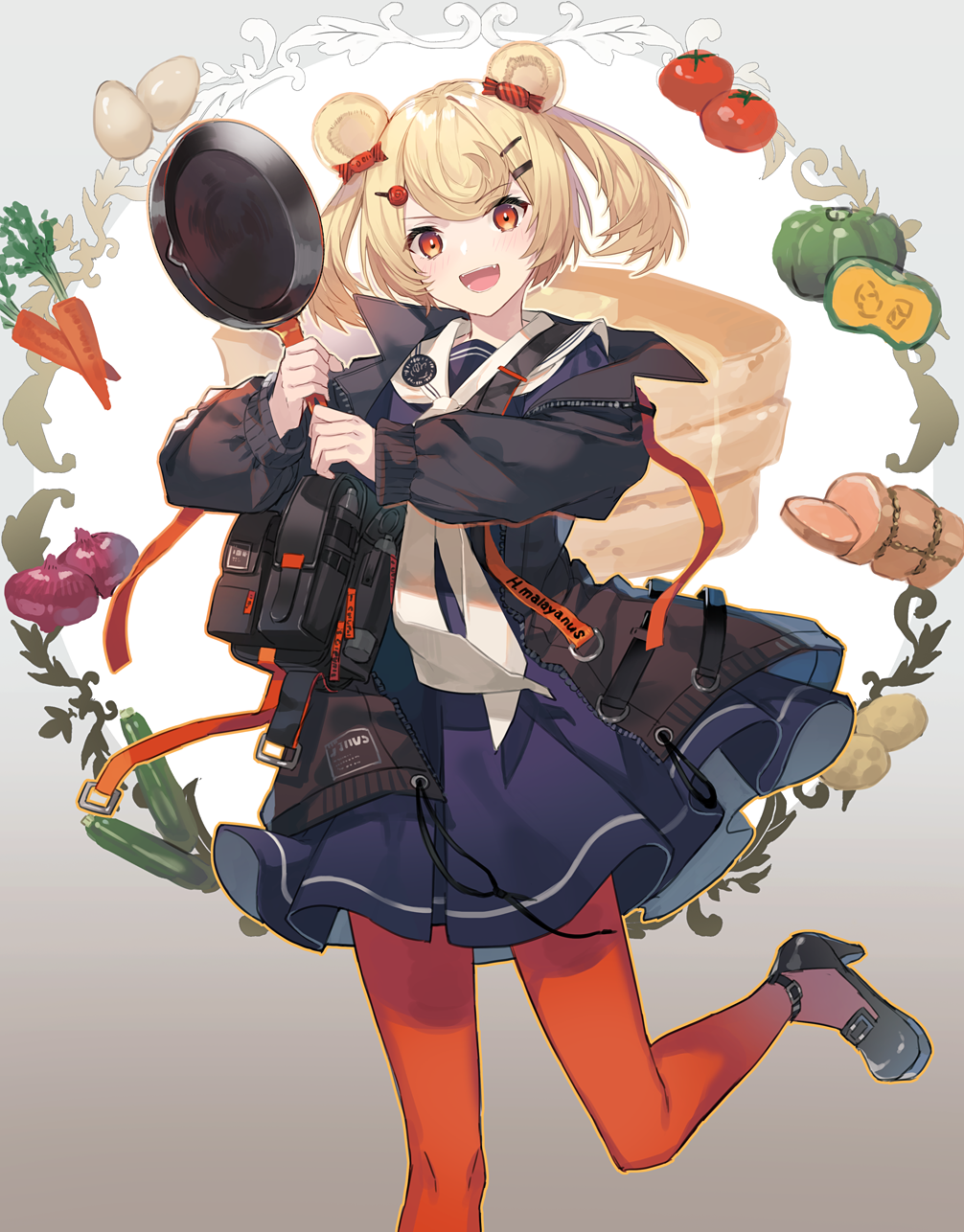 1girl :d animal_ears arknights bangs bear_ears black_dress black_footwear black_jacket blonde_hair candy_hair_ornament carrot dress egg eihi eyebrows_visible_through_hair feet_out_of_frame food food-themed_background food-themed_hair_ornament frying_pan gold_trim gradient gradient_background gummy_(arknights) hair_ornament hairclip high_heels highres holding holding_frying_pan jacket leg_up long_sleeves looking_at_viewer onion open_clothes open_jacket open_mouth pancake pantyhose potato pouch pumpkin red_legwear short_hair smile solo standing standing_on_one_leg tomato two_side_up unzipped zucchini_(vegetable)