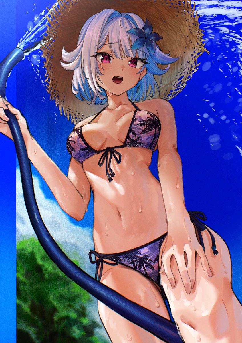 1girl bangs between_thighs bikini blue_bikini blue_flower blue_hair blush breasts colored_inner_hair covered_navel day eyebrows_visible_through_hair flipped_hair flower from_below front-tie_bikini front-tie_top gradient_bikini hair_between_eyes hair_flower hair_ornament halterneck hand_on_own_thigh hat holding holding_hose hose lize_helesta looking_at_viewer medium_breasts multicolored_hair navel nijisanji open_mouth outdoors print_bikini purple_eyes short_hair side-tie_bikini silver_hair sky solo stomach straw_hat string_bikini striped striped_bikini sun_hat swimsuit two-tone_hair urokong vaporwave virtual_youtuber water wet