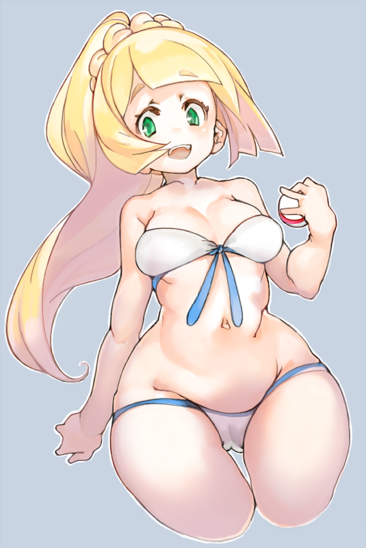 1girl blonde_hair green_eyes lillie_(pokemon) long_hair navel poke_ball pokemon pokemon_(game) pokemon_sm ponytail sachito simple_background solo swimsuit wide_hips