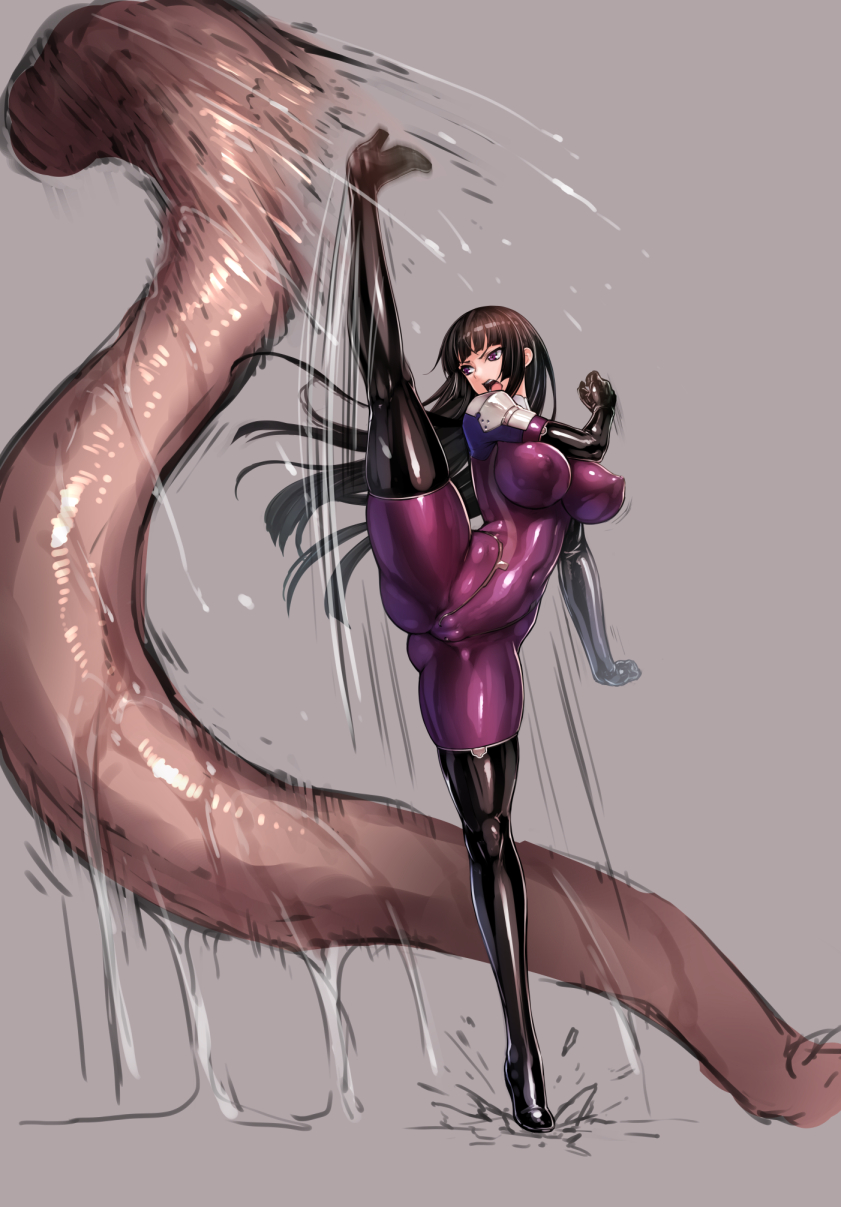 1girl animal black_hair black_legwear bodysuit boots breasts cameltoe covered_nipples fighting full_body high_kick highres impossible_clothes kamori_sayaka kicking latex leg_lift leg_up long_hair open_mouth original oversized_animal purple_bodysuit purple_eyes rindou_(radical_dream) shiny shiny_clothes skin_tight slime_(substance) solo split standing standing_on_one_leg standing_split thigh_boots thighhighs thighs worms