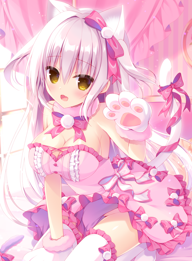 1girl animal_ear_fluff animal_ears animal_hands bangs blush bow breasts cat_ears cat_tail cleavage curtains dress eyebrows_visible_through_hair fang frilled_dress frills gloves hair_bow hasune indoors large_breasts long_hair open_mouth original paw_gloves pink_dress ribbon skin_fang solo strapless strapless_dress tail tail_ornament tail_ribbon thighhighs two_side_up white_hair white_legwear window yellow_eyes