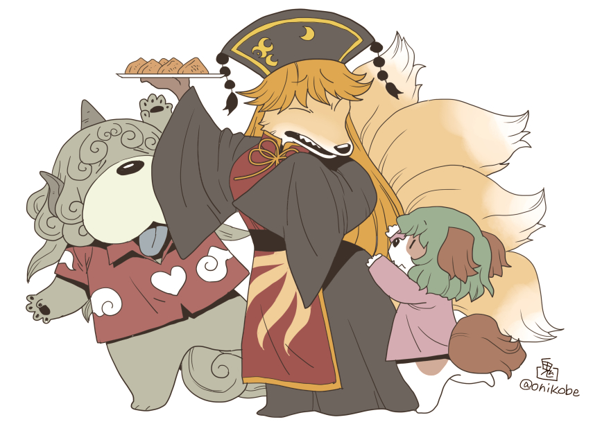 3girls animal_ears animalization arm_up bangs chinese_clothes chow_chow commentary_request dog_ears dog_tail eyebrows_visible_through_hair food fox_tail green_hair hair_between_eyes horns inarizushi junko_(touhou) junko_(touhou)_(fox) kariyushi_shirt kasodani_kyouko kasodani_kyouko_(yamabiko) kitsune komano_aunn komano_aunn_(komainu) long_hair long_sleeves multiple_girls multiple_tails onikobe_rin orange_hair pawpads phoenix_crown plate single_horn sushi tabard tail tassel tongue tongue_out touhou twitter_username wide_sleeves