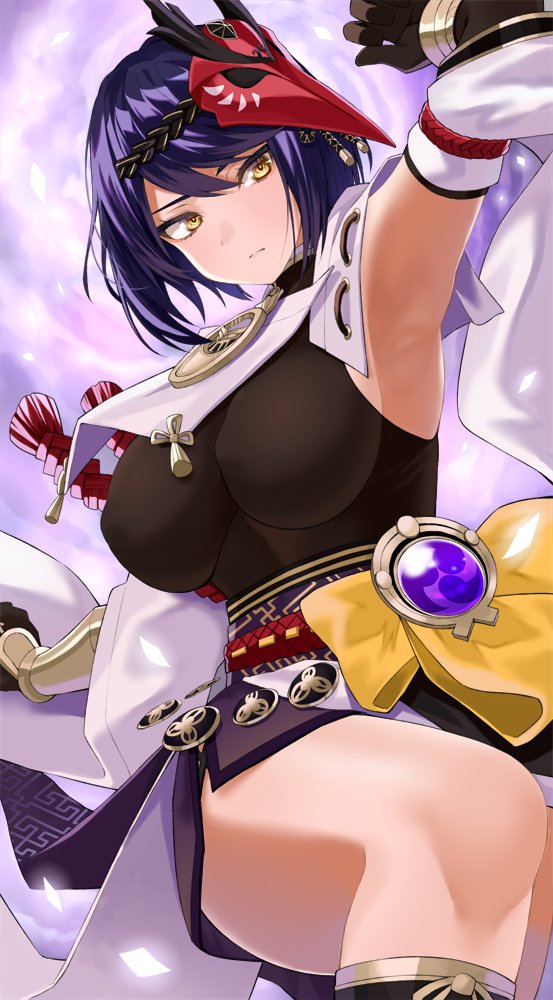 1girl arm_up armpits bird_mask black_gloves bodysuit breasts closed_mouth covered_nipples detached_sleeves genshin_impact gloves gomashi_(goma) japanese_clothes knee_up kujou_sara large_breasts mask mask_on_head obi sash solo thighs vision_(genshin_impact) wide_sleeves