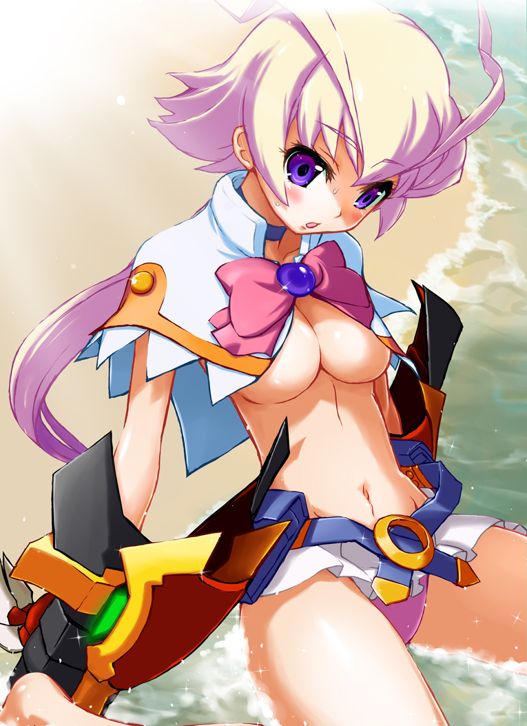 1girl :o amanohara_minori antenna_hair arcana_heart arcana_heart_3 beach belt blonde_hair blue_belt blue_neckwear bow breasts brooch capelet choker jewelry long_hair looking_at_viewer manohiro_yuki miniskirt navel open_mouth panties pink_bow pink_panties pouch purple_eyes revealing_clothes sitting skirt solo underboob underwear wariza water white_capelet white_skirt