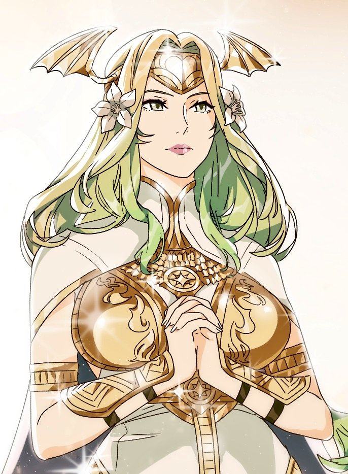 1girl bra breasts cape commentary expressionless fire_emblem fire_emblem:_three_houses flower green_eyes green_hair hair_flower hair_ornament lips long_hair medium_breasts own_hands_together praying r3dfive seiros_(fire_emblem) solo symbol-only_commentary underwear white_background white_flower