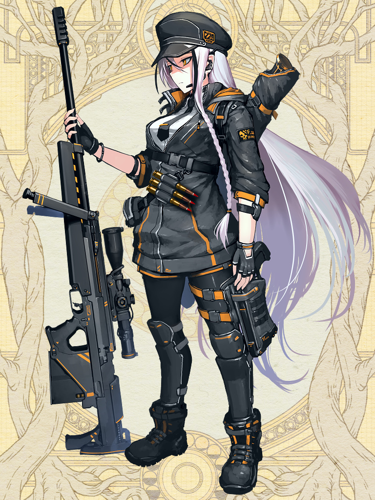 1girl belt black_footwear black_gloves black_headwear black_jacket black_necktie boots bracelet braid breasts brown_background cartridge closed_mouth dairoku_ryouhei fingerless_gloves full_body gloves gun handgun hat headset hetza_(hellshock) holding holding_weapon holstered_weapon jacket jewelry knee_pads long_hair medium_breasts necktie pantyhose pistol rifle shirt single_braid sniper_rifle solo very_long_hair weapon white_hair white_shirt yellow_eyes