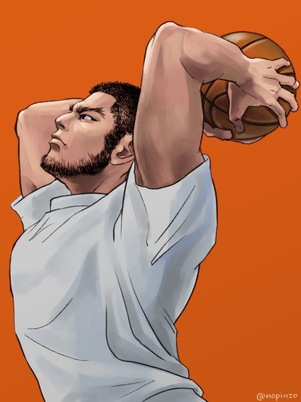 1boy alternate_costume ball basketball beard black_hair buzz_cut contemporary facial_hair from_side frown golden_kamuy holding holding_ball jumping lips male_focus mature_male nopinzo orange_background pectorals short_hair simple_background solo tanigaki_genjirou thick_eyebrows upper_body very_short_hair