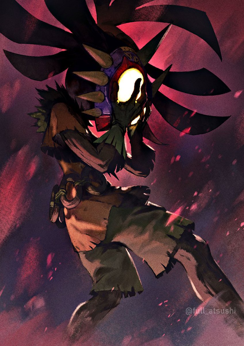 1boy belt blanco026 commentary_request covering_face gloves glowing glowing_eyes highres horns mask short_sleeves shorts skull_kid solo sparks standing the_legend_of_zelda the_legend_of_zelda:_majora's_mask twitter_username