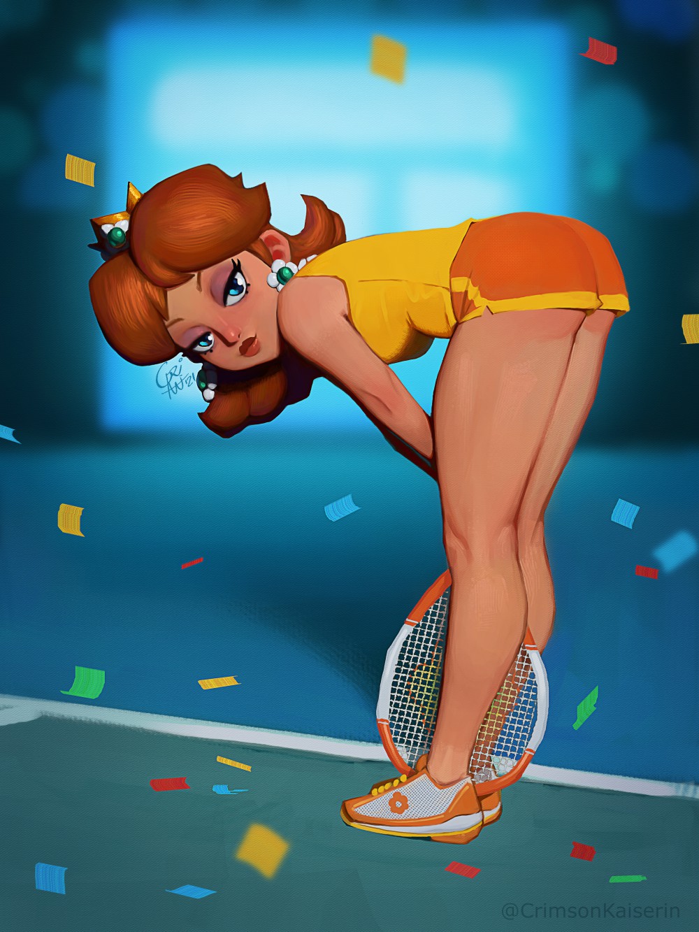 1girl alternate_costume aqua_eyes artist_name ass bangs bent_over breasts brown_hair commentary confetti crimson_kaiserin crown day earrings english_commentary eyeshadow faux_traditional_media flipped_hair flower_earrings half-closed_eyes highres jewelry kneepits lips looking_at_viewer makeup mario_(series) mario_tennis naughty_face nose nostrils official_alternate_costume parted_bangs pinup_(style) princess_daisy racket shirt shoes short_shorts shorts signature sleeveless sneakers solo sportswear standing super_mario_land tennis_racket twitter_username