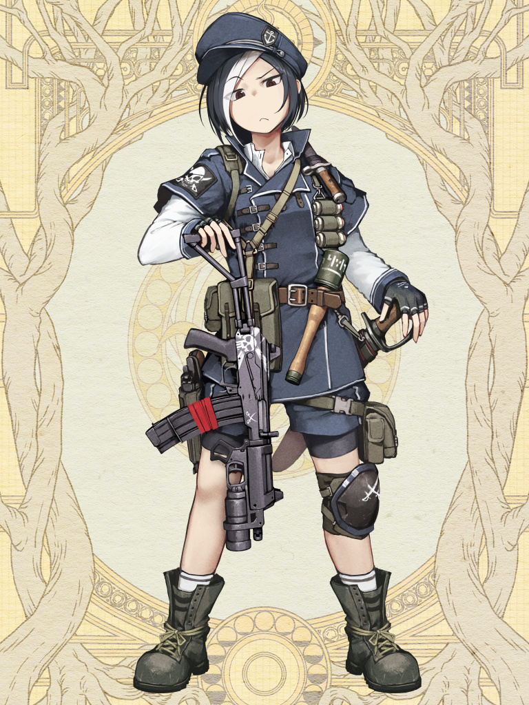 1girl anchor_symbol assault_rifle belt belt_pouch bike_shorts bike_shorts_under_shorts black_gloves black_hair boots brown_background brown_eyes check_weapon closed_mouth dairoku_ryouhei explosive fingerless_gloves frown full_body gloves green_footwear grenade grenade_launcher grey_headwear grey_jacket grey_shorts gun handgun hat hetza_(hellshock) holster holstered_weapon imi_galil jacket knife long_sleeves looking_at_viewer multicolored_hair pistol pouch rifle sheath sheathed shirt short_hair shorts skull_and_crossbones socks solo standing stick_grenade streaked_hair weapon white_legwear white_shirt