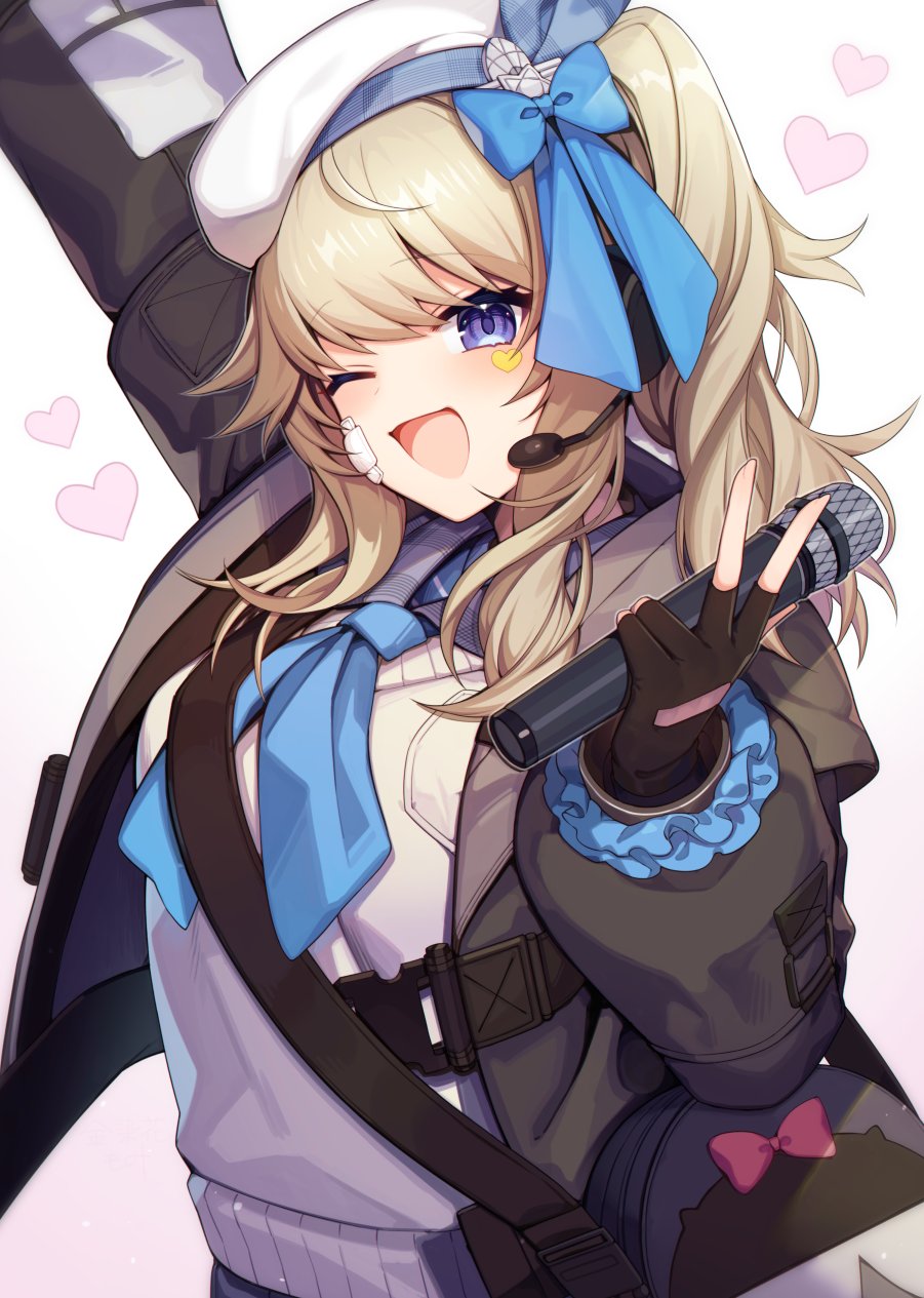 1girl :d arm_up ascot bag bandage_on_face bandages bangs black_gloves blonde_hair blue_ascot blue_bow blue_eyes bow coat commentary_request fingerless_gloves girls'_frontline girls'_frontline_2:_exilium gloves hair_bow headset heart highres holding holding_microphone kinsenka_momi long_hair microphone one_eye_closed open_mouth shoulder_bag side_ponytail smile solo sweater upper_body v vepley_(girls'_frontline_2)