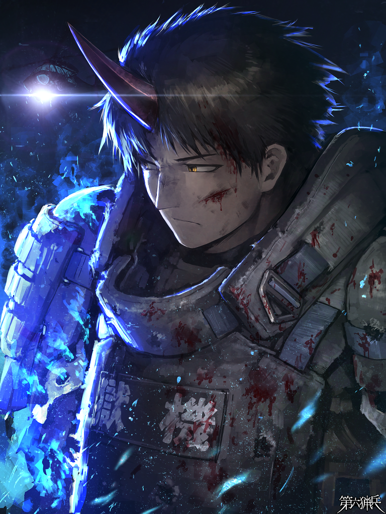 1boy aircraft armor black_background black_hair blood blood_on_clothes blood_on_face blue_theme character_request closed_mouth copyright_name dairoku_ryouhei helicopter hetza_(hellshock) horns injury lens_flare male_focus shoulder_armor single_horn solo uh-60_blackhawk upper_body yellow_eyes