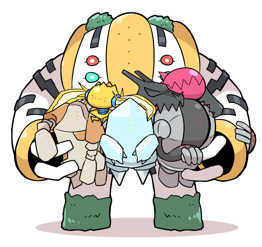 claws commentary_request creature holding holding_pokemon kasugai_(de-tteiu) no_humans pokemon pokemon_(creature) regice regidrago regieleki regigigas regirock registeel shadow simple_background standing white_background