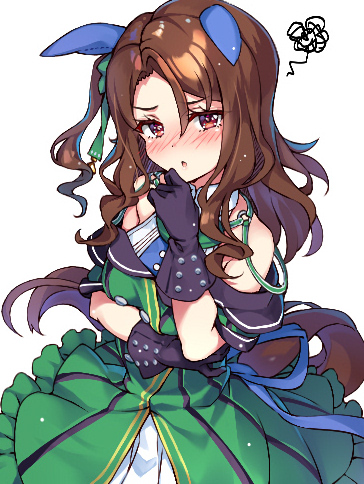 1girl animal_ears bangs bare_shoulders black_gloves blush bow brown_hair commentary_request dress eyebrows_visible_through_hair frilled_dress frills gloves green_bow green_dress hair_between_eyes hair_bow hand_up horse_ears horse_girl horse_tail king_halo_(umamusume) long_hair lowres moeki_yuuta nose_blush one_side_up parted_bangs parted_lips simple_background solo squiggle tail umamusume white_background white_dress