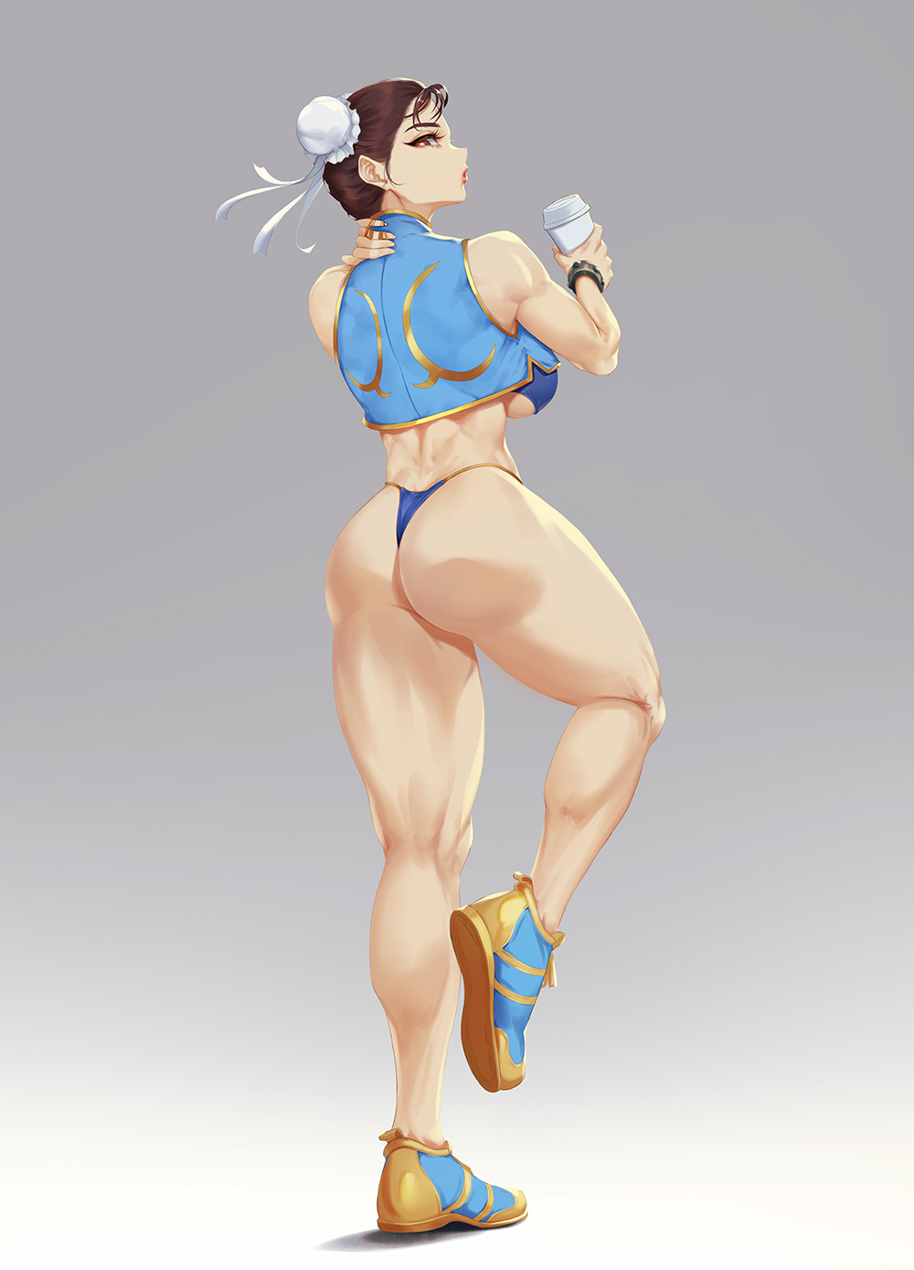 1girl ass bikini blueorca bracelet breasts brown_eyes brown_hair bun_cover chun-li coffee_cup crop_top cup disposable_cup double_bun g-string highres jewelry large_breasts muscular muscular_female no_pants shoes solo street_fighter street_fighter_zero_(series) string_bikini striped swimsuit thick_thighs thighs thong thong_bikini