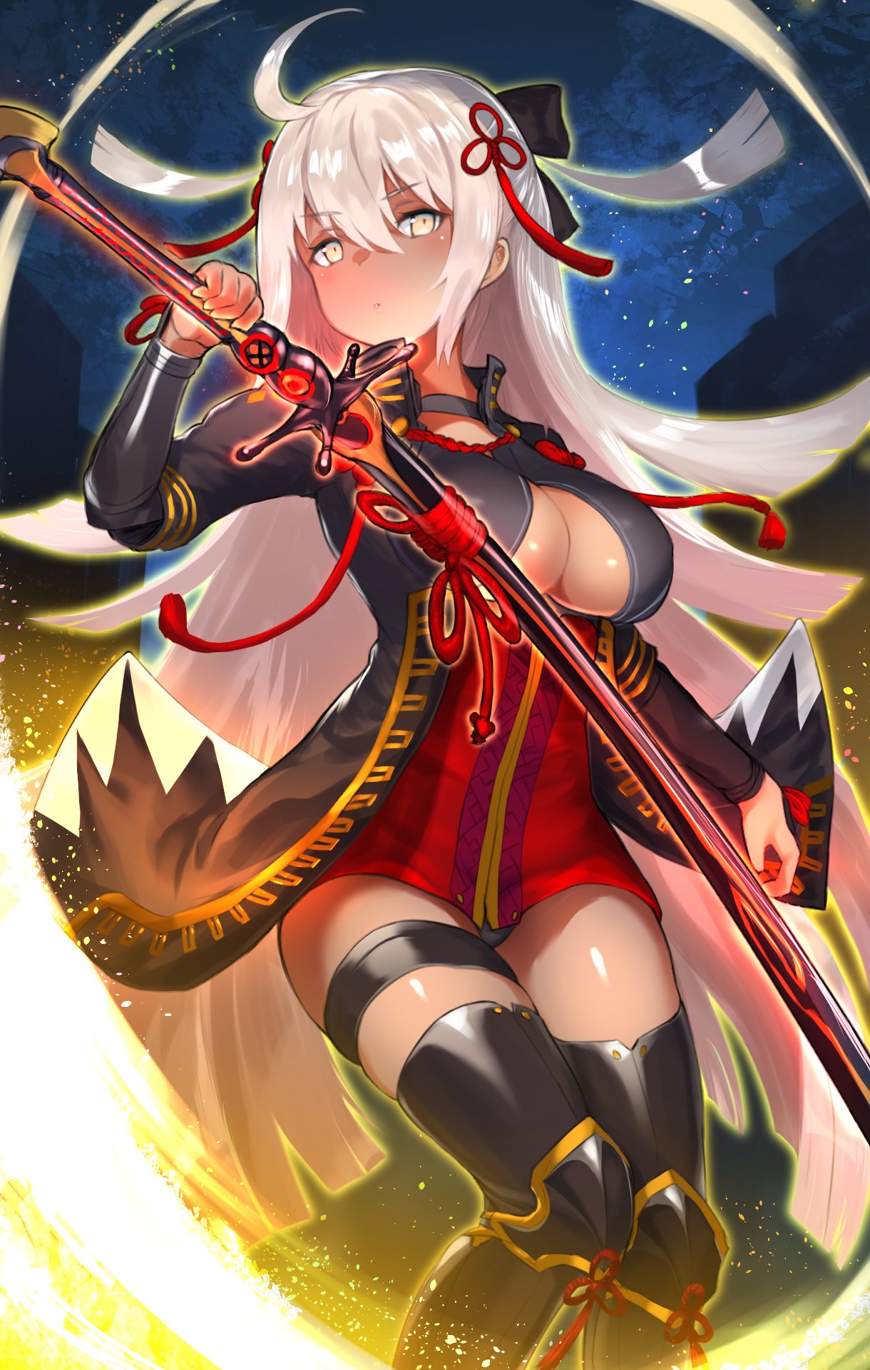 1girl ahoge black_bow black_legwear blush bow breasts closed_mouth dark-skinned_female dark_skin fate/grand_order fate_(series) flower_knot grey_hair hair_between_eyes hair_bow hair_ornament highres holding holding_sword holding_weapon katana koha-ace large_breasts long_hair looking_at_viewer night night_sky okita_souji_(alter)_(fate) okita_souji_(fate) outdoors sky solo sword tassel thigh_strap thighhighs underboob unizou vambraces very_long_hair weapon